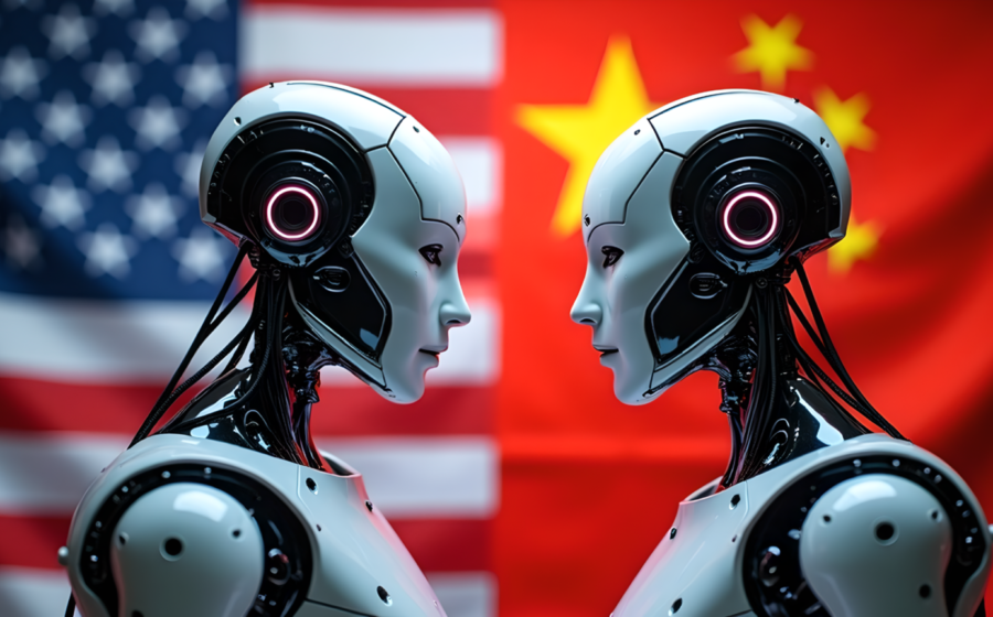 China e EUA em disputa de IA com gráfico de economia chinesa em queda