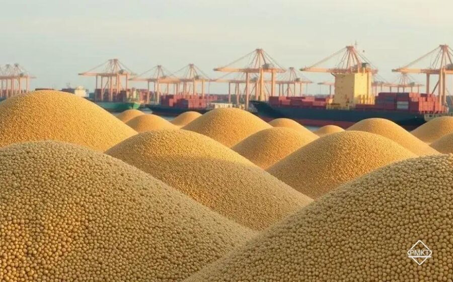 Navio graneleiro atracado em porto brasileiro com soja, silos ao fundo e gráficos de queda de preços