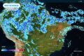 Chuva forte sobre lavouras de soja no Matopiba com nuvens carregadas e alerta de tempestade