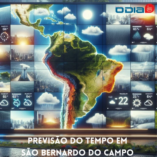 Nevoeiro denso sobre São Bernardo do Campo ao amanhecer, com prédios parcialmente encobertos, indicando mudança de tempo para segunda-feira