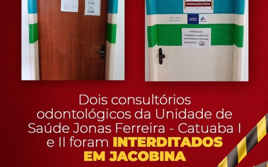 Fachada de clínica odontológica interditada com aviso oficial da Vigilância Sanitária em João Pessoa