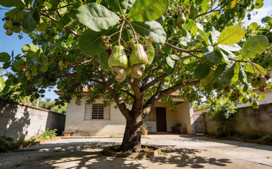 Sebastião Correia farmacêutico junto a cajueiro no quintal com difusores de aroma artesanais