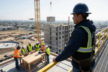 Canteiro de obras industrial em São Paulo com estruturas pré-fabricadas e módulos metálicos