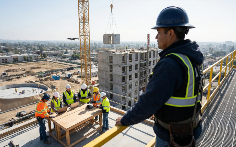 Canteiro de obras industrial em São Paulo com estruturas pré-fabricadas e módulos metálicos
