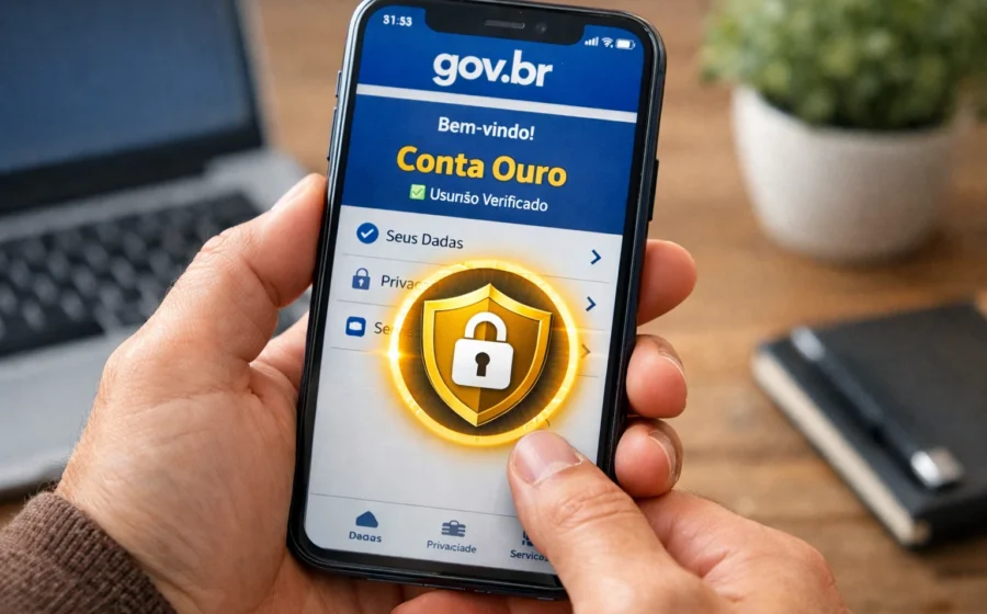 Infográfico mostra 22 milhões de brasileiros sem conta GOV.BR nível ouro, com ícones de segurança e serviços federais
