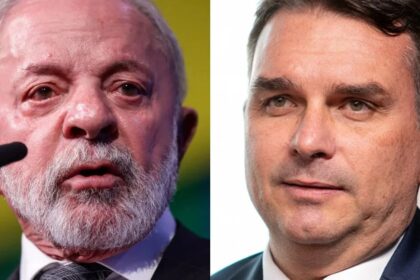 Ilustração mostra logotipo do X com dinheiro estrangeiro fluindo para foto de Flávio Bolsonaro, simbolizando financiamento ilegal de campanha 2026