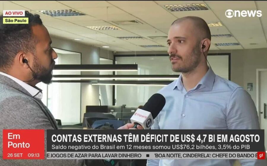 Gráfico mostra déficit em transações correntes do Brasil de US$ 5,1 bi em agosto, alta de 34% apesar de superávit comercial recorde