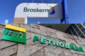 Logos da Braskem e Petrobras com gráfico de dívida de US$ 11 bi e exigência de aporte de US$ 3 bi
