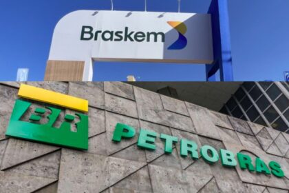 Logos da Braskem e Petrobras com gráfico de dívida de US$ 11 bi e exigência de aporte de US$ 3 bi