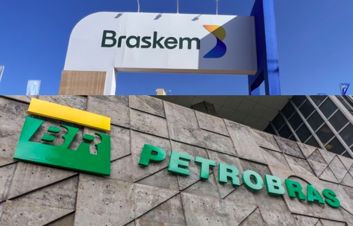 Logos da Braskem e Petrobras com gráfico de dívida de US$ 11 bi e exigência de aporte de US$ 3 bi