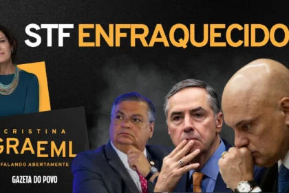 Prédio do STF envolto por logos do TikTok e símbolos de redes sociais, representando crise institucional e tiktokização da política