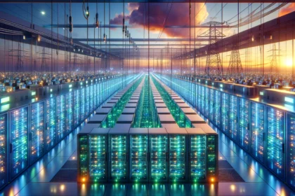 Data center moderno com servidores iluminados contrastando com torneira seca e medidor de energia alto