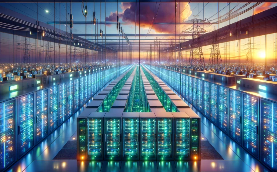 Data center moderno com servidores iluminados contrastando com torneira seca e medidor de energia alto