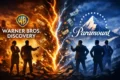 David Ellison, CEO da Skydance, em retrato executivo com logotipos da Warner Bros. Discovery e Paramount Global ao fundo, simbolizando fusão de US$ 111 bilhões
