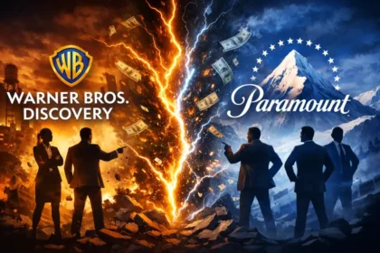 David Ellison, CEO da Skydance, em retrato executivo com logotipos da Warner Bros. Discovery e Paramount Global ao fundo, simbolizando fusão de US$ 111 bilhões