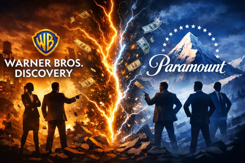 David Ellison, CEO da Skydance, em retrato executivo com logotipos da Warner Bros. Discovery e Paramount Global ao fundo, simbolizando fusão de US$ 111 bilhões