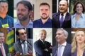 Cinco candidatos ao Senado por Santa Catarina em debate televisionado na NSC TV discutindo economia e infraestrutura