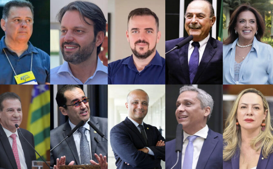 Cinco candidatos ao Senado por Santa Catarina em debate televisionado na NSC TV discutindo economia e infraestrutura