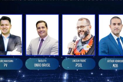 Debate eleitoral no ES com três candidatos ao governo: Helder Salomão, Lorenzo Pazolini e Ricardo Ferraço no estúdio da TV Gazeta
