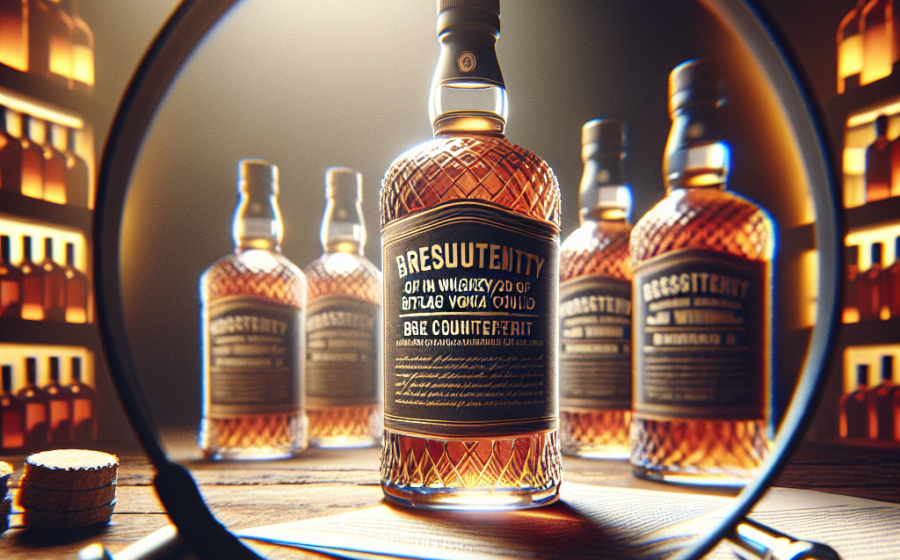 Garrafa de whisky Johnnie Walker com selo de autenticação digital sendo escaneada por smartphone