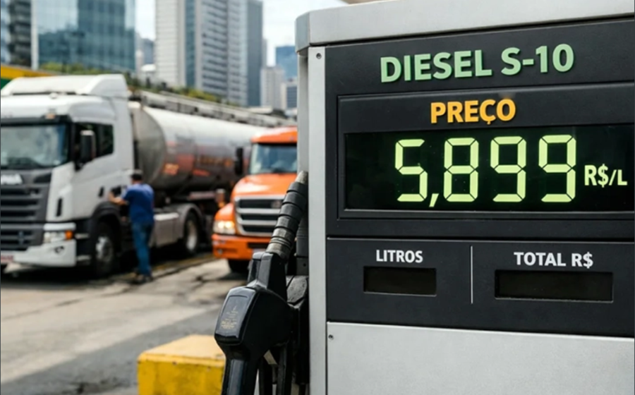 Bomba de combustível exibindo preço do diesel a R$ 2,12 por litro em posto brasileiro