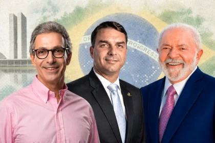 Gráfico de bolsa com fotos de Lula e Flávio Bolsonaro representando disputa eleitoral 2026 e impacto no mercado financeiro