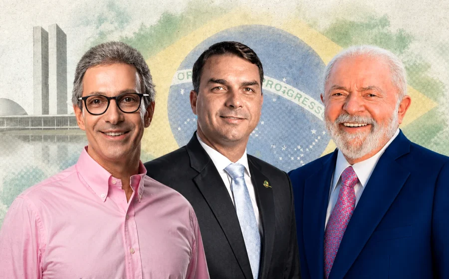 Gráfico de bolsa com fotos de Lula e Flávio Bolsonaro representando disputa eleitoral 2026 e impacto no mercado financeiro