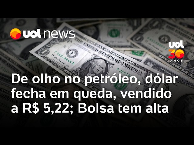 Gráfico de alta do dólar acima de R$ 5,22 com cédulas americanas e brasileiras