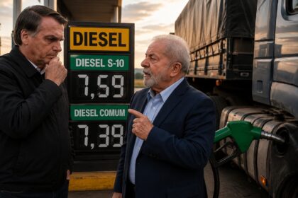 Navio-tanque carregando diesel em porto americano com bandeira do Brasil ao fundo, simbolizando dependência energética