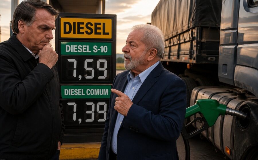Navio-tanque carregando diesel em porto americano com bandeira do Brasil ao fundo, simbolizando dependência energética