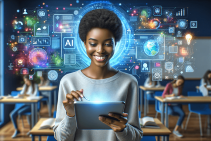 Criança estudando em casa com tablet e robô de IA representando homeschooling e tecnologia educacional no Brasil