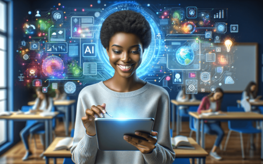 Criança estudando em casa com tablet e robô de IA representando homeschooling e tecnologia educacional no Brasil