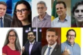 Mapa do Rio de Janeiro com urna eletrônica e nove silhuetas de candidatos sobre fundo com 12,8 milhões de eleitores
