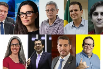 Mapa do Rio de Janeiro com urna eletrônica e nove silhuetas de candidatos sobre fundo com 12,8 milhões de eleitores
