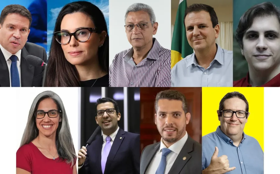 Mapa do Rio de Janeiro com urna eletrônica e nove silhuetas de candidatos sobre fundo com 12,8 milhões de eleitores