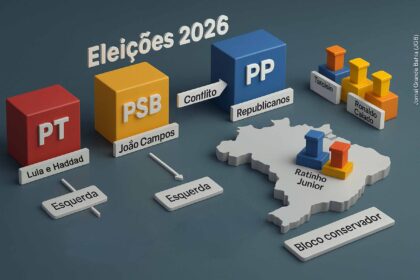 Mapa do Brasil destacando cinco estados-chave para eleições 2026 com rotas de campanha dos principais candidatos