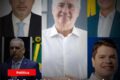 Urna eletrônica e mapa de Alagoas com quatro silhuetas representando candidatos ao governo estadual 2026
