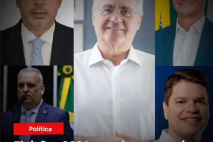 Urna eletrônica e mapa de Alagoas com quatro silhuetas representando candidatos ao governo estadual 2026