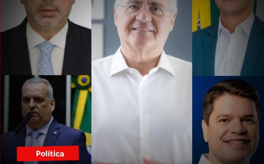 Urna eletrônica e mapa de Alagoas com quatro silhuetas representando candidatos ao governo estadual 2026