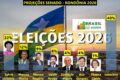 Mapa de Mato Grosso com urna eletrônica e nomes dos 6 candidatos ao governo 2026