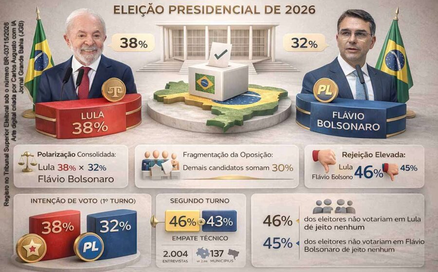 Mapa do Rio Grande do Norte com urna eletrônica e 8 silhuetas de candidatos sobre 2,7 milhões de eleitores
