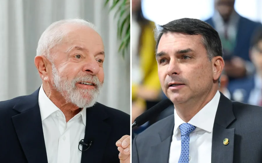 Lula e Flávio Bolsonaro em lados opostos com gráfico de ações e bandeira do Brasil ao centro