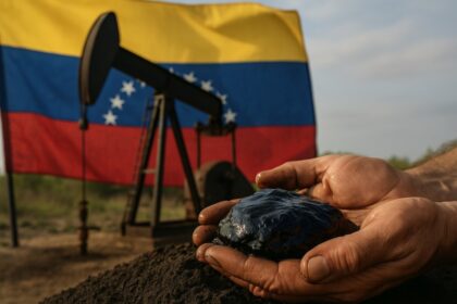 Executivos da Eneva e Halliburton apertam as mãos sobre mapa da Venezuela com torres de petróleo ao fundo