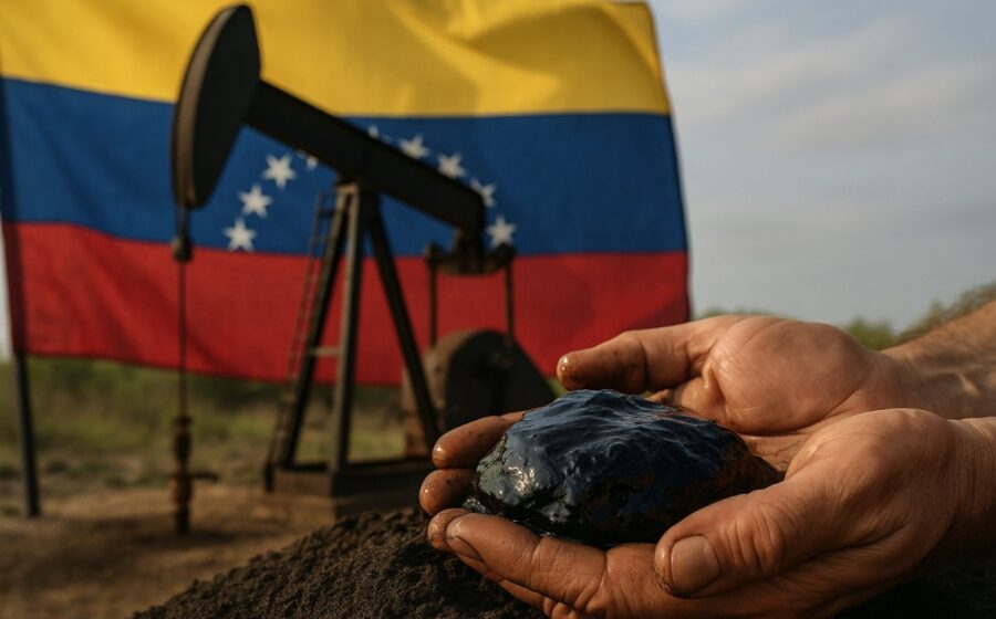 Executivos da Eneva e Halliburton apertam as mãos sobre mapa da Venezuela com torres de petróleo ao fundo
