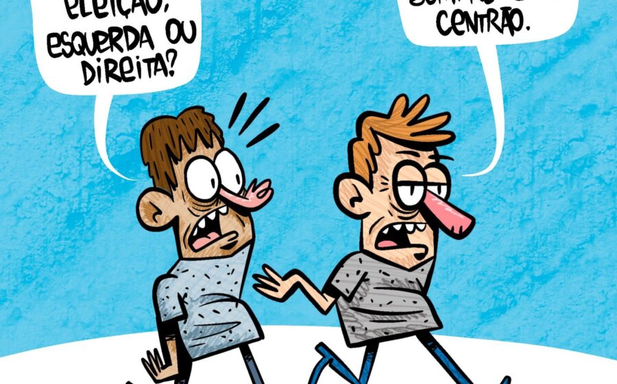 Ilustração de balança política com Estado pesando sobre setor privado, representando estatismo convergente de esquerda e direita