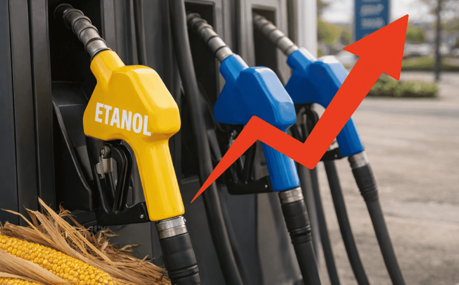 Bomba de combustível exibindo preço do etanol com destaque para desconto de 7% anunciado pelo governo