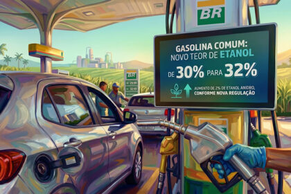 Bomba de combustível no Brasil exibindo mistura de gasolina com 32% de etanol anidro