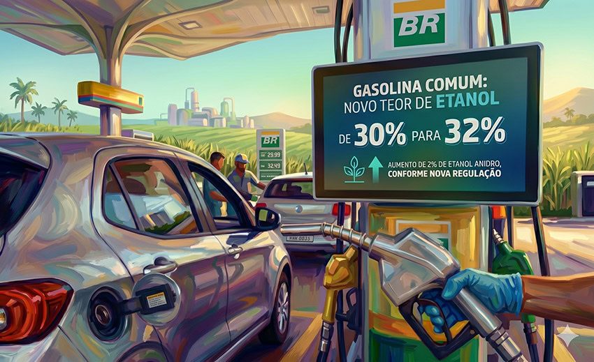 Bomba de combustível no Brasil exibindo mistura de gasolina com 32% de etanol anidro