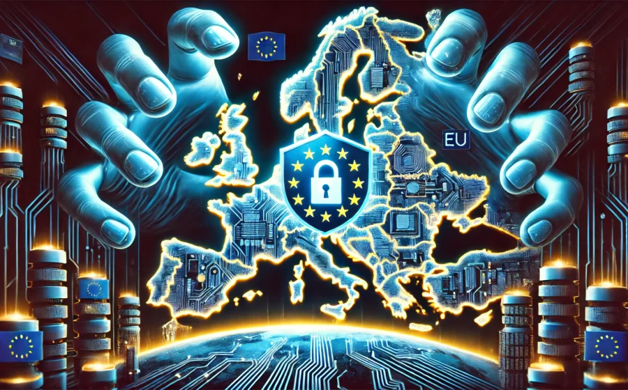 Mapa da Europa com ícones de software livre substituindo logos de Big Tech, simbolizando soberania digital francesa