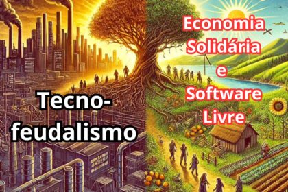 Mapa da Europa com logotipos de software livre substituindo ícones de Big Tech como Google e Microsoft